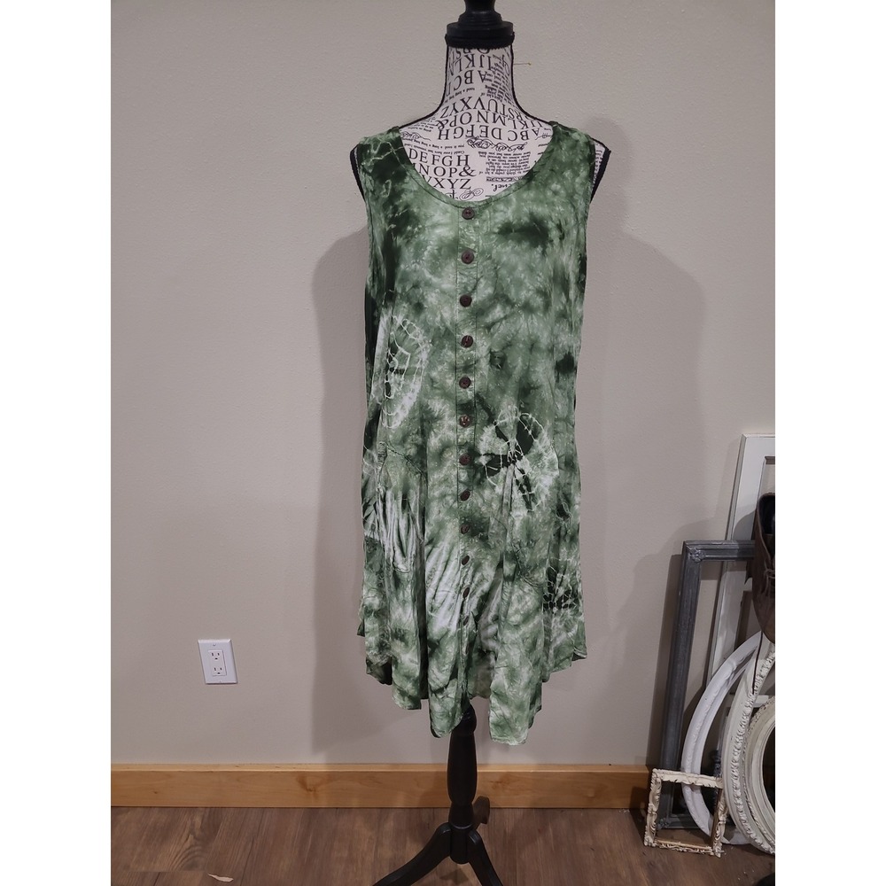 Flashback boho festival green tie dye flowy dress pockets Women SZ M/L relaxed